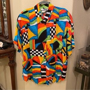 Vintage C.M. SHAPES Women Colorful Vibrant Pattern Short Sleeve Top Size 1X Plus